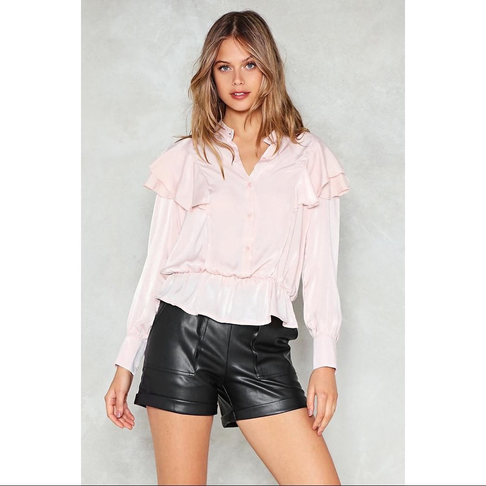 Light Pink Satin Ruffle Peplum Blouse